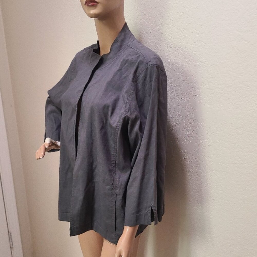 EILEEN FISHER STRETCH LINEN-BLEND OPEN FRONT STAND COLLAR KIMONO JACKET TOP XL - Picture 3 of 8